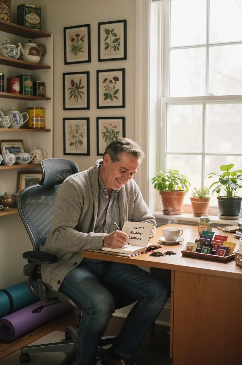 Egy nyugodt pillanat teázással és jegyzeteléssel a mobilitás kényelmének nyomon követésére.